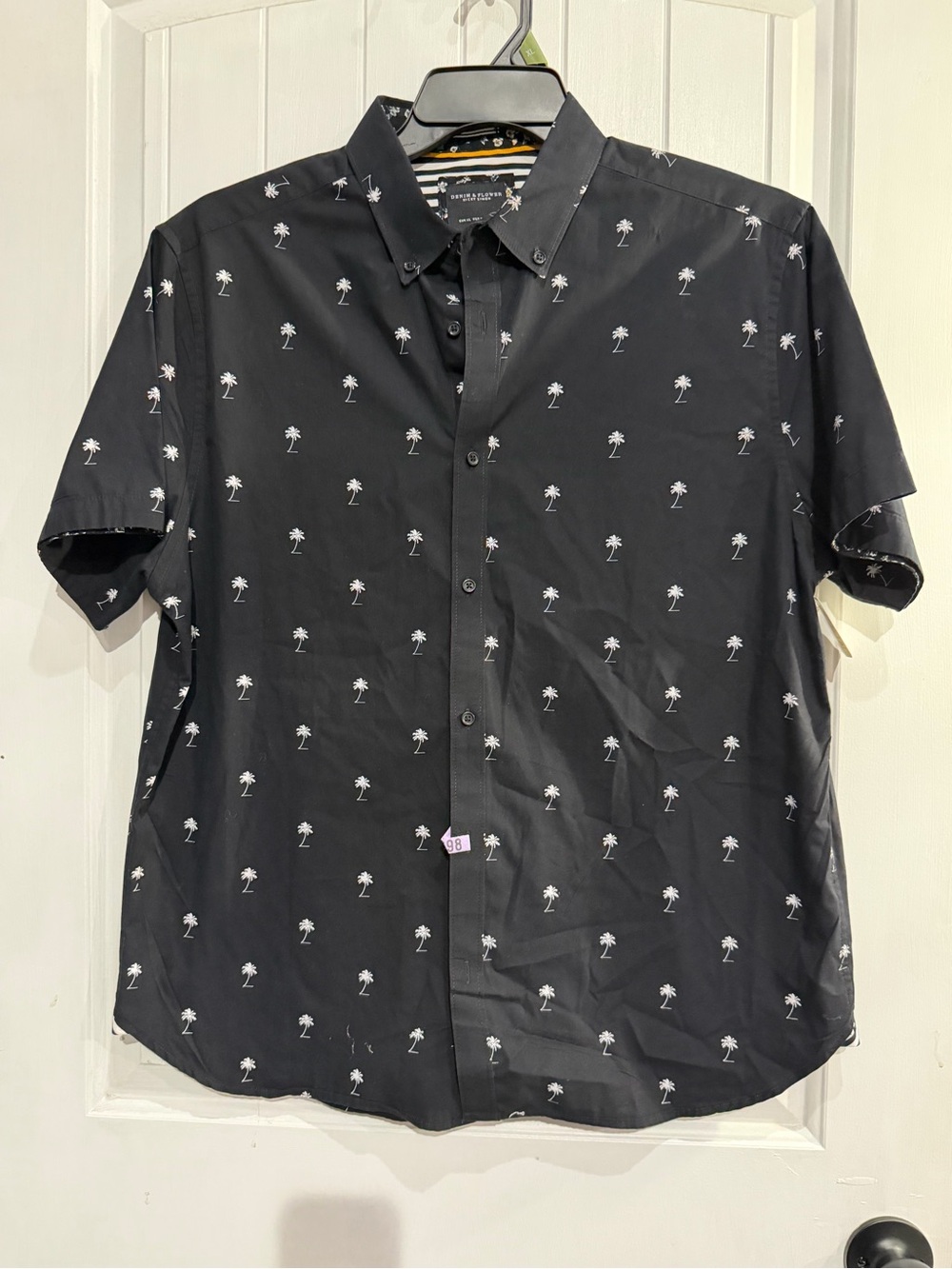 Denim & Flower Black Short-Sleeve Button-Down Shirt with White Palm Print